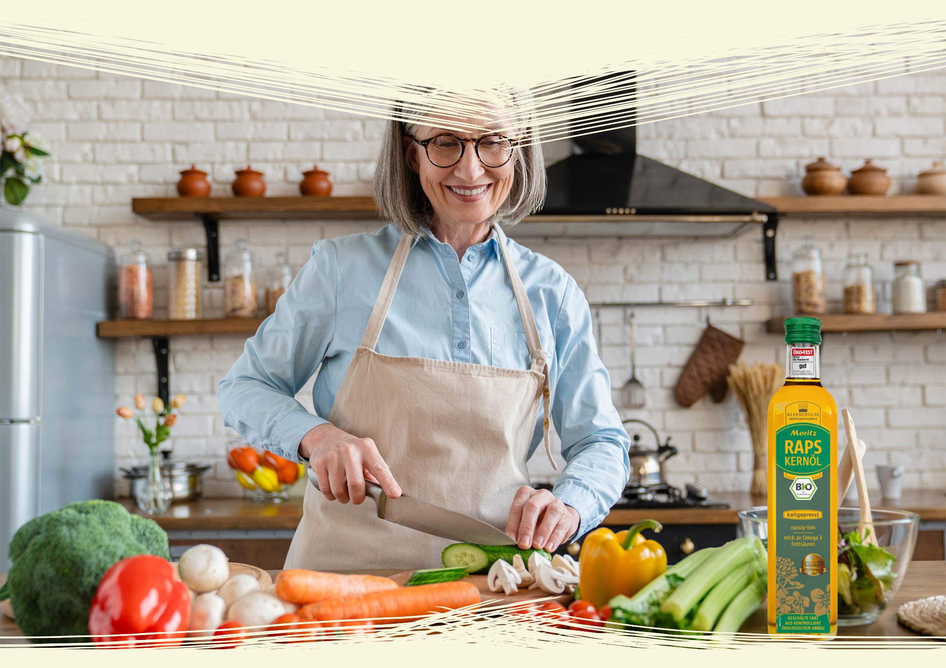 Bio Rapskernöl der Marke Moritz für Salate und fürs Kochen nutzten